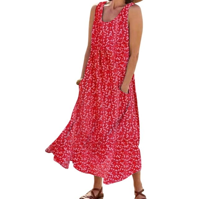 MAWCLOS Robe Évasée pour Femme Col Rond Été Plage Robe d'Été Sans Manches Longue Robe Maxi Hawaïenne Vacances Imprimé Floral Rouge P