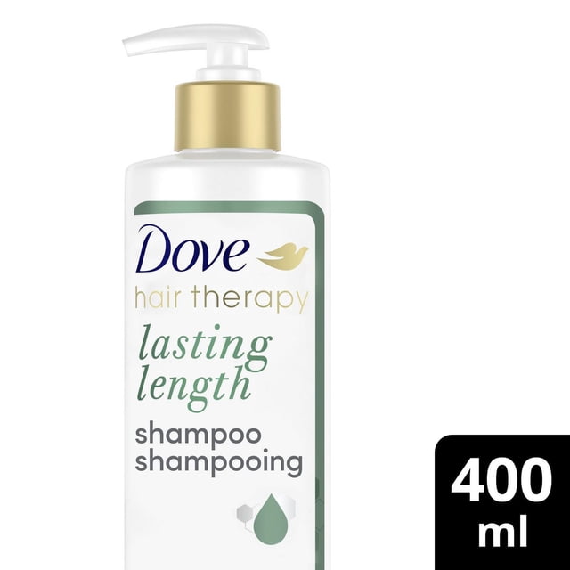 Dove Hair Therapy Lasting Length Shampoo in a white pump bottle with gold collar, sulfate-free formula with rice protein to strengthen and protect long hair, 400 ml size ideal for gentle cleansing and detangling.