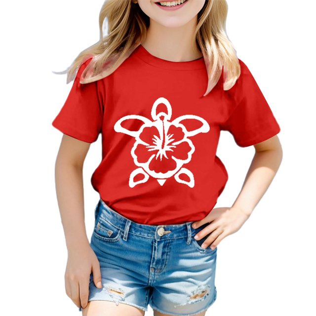 LUOGENLI T-Shirt pour Filles Garçon et Fille Mode Décontractée Imprimé Col Rond Ample Manche Courte T-Shirt Haut Coton Maxi Hauts Rouge 10-11 Ans