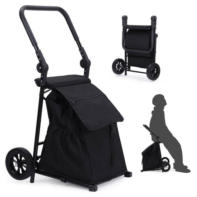 2-in-1 Collapsible Grocery & Utility Cart, 32.5 Gal Removable Waterproof Bag, Heavy-Duty Rolling Hand Truck, Cushioned Seat, Adjustable Non-Slip Handle, Collapsible Trolley for Seniors, Laundry
