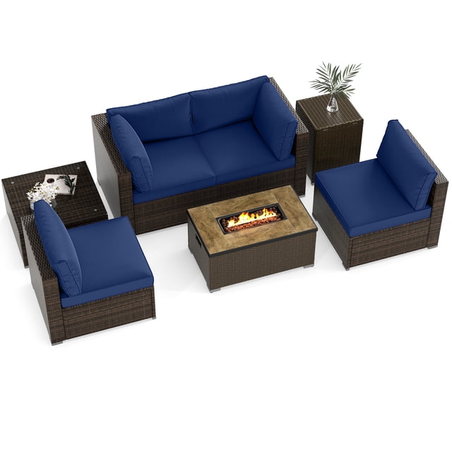 Gymax Set Of 7 Furniture Set w/32'' Fire Pit Table & Propane Tank Cover Outdoor Blue