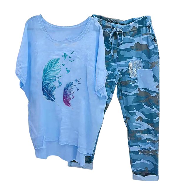 Ensembles d'Été pour Femmes 2023 T-Shirt à Col Rond Imprimé à Manches Mi-Longues à Enfiler Hauts + Pantalon Ensemble Deux Pièces pour Femmes Sorties en Liquidation