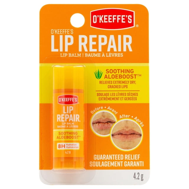 Soothing Aloe Lip Repair lip balm by O'Keeffe's, a 4.2 g orange stick in clear plastic packaging with orange and yellow backing, offering 8-hour hydration and soothing aloe boost to relieve extremely dry, cracked lips, with before and after lip images and guaranteed relief claims.