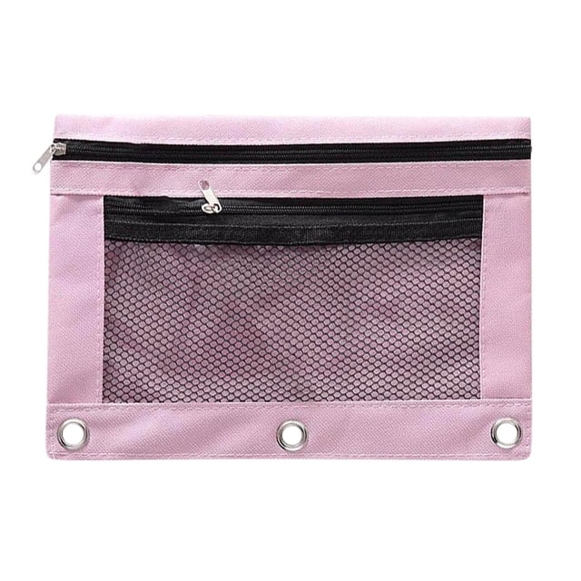 RXIRUCGD Pencil Pouch 3 Ring, Zipper Pencil Pouches Case Binder Cosmetic Bag in a light pink color with black zippers and a clear mesh window. Designed for school supplies and office organization, it features three metal ring holes for binder compatibility and two zippered compartments for organizing stationery items.