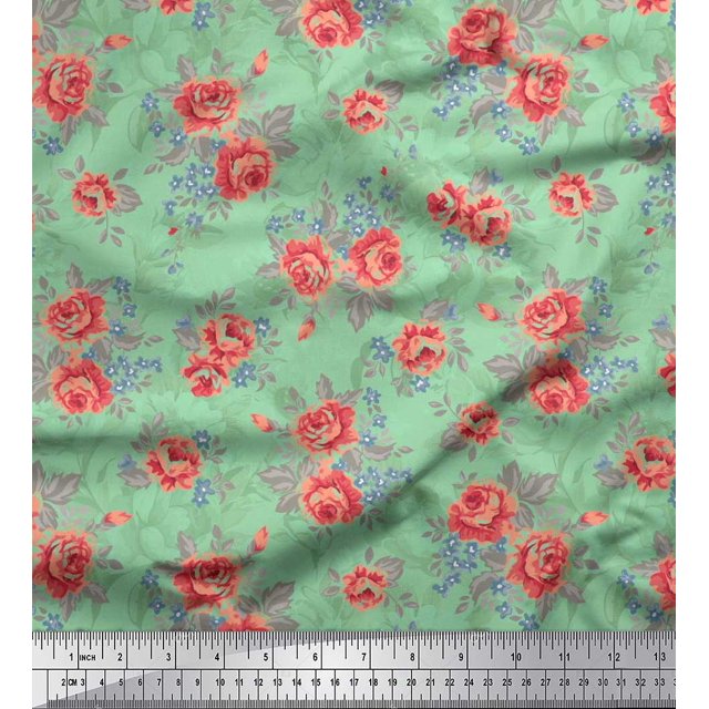 Soimoi Tissu Poly Georgette Imprimé Feuilles & Roses au Mètre 42 Pouces de Large