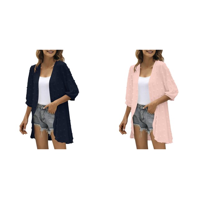 (2-Pack) Kcodviy Women Casual Cardigan Three Womens Cropped Cardigan Quarter Sleeve Open Front Open Front Lightweight Cardigan Lightweight Dots Cardigan Draped Leopard Print Cardigan Ruffles Cardiga