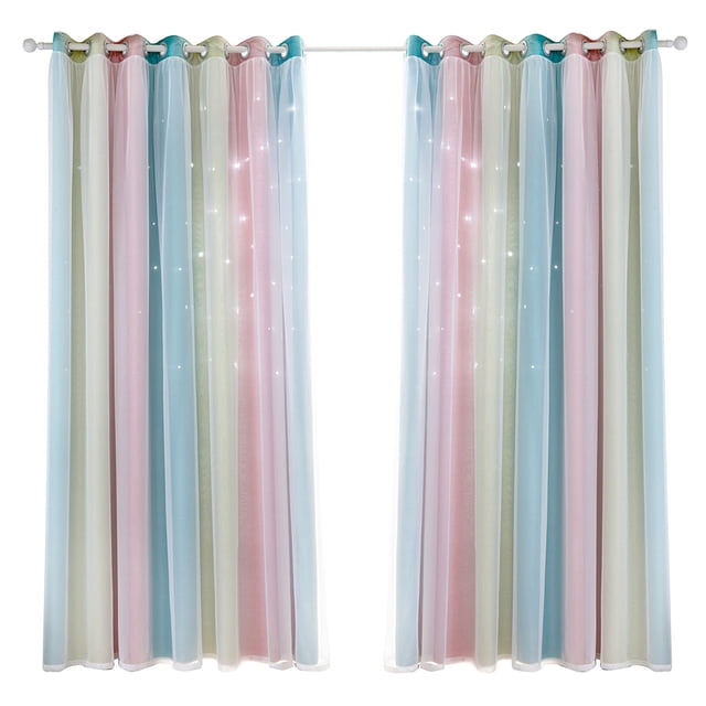 Yeacher Rideau 2 Pcs Dégradé Simple à Étoiles Ajourées Double Couche Occultant Chambre Salon Rideau Isolant