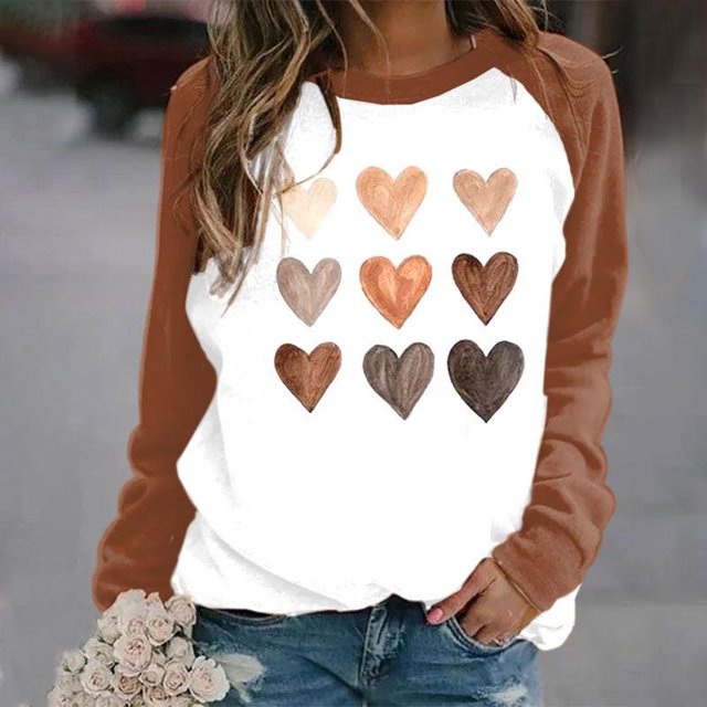Qertyioot Chandail Cœur d'Amour Saint-Valentin Grande Taille, Haut à Manches Longues Imprimé pour Femmes Mode Haut Décontracté Col Rond Hauts