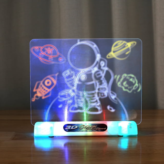 Bloc de Dessin Magique 3D Planche Lumineuse 3D Kit de Traçage et de Peinture avec Support de Lampe LED, Comprenant une Planche à Dessin Transparente Éclairée par des Lumières LED Multicolores. la Planche Affiche un design à Thème Spatial avec un Astronaute, des Planètes et des Fusées. Comprend des Lunettes 3D, 3 Papiers à Motifs, 6 Crayons de Couleur et un Chiffon de Nettoyage. Convient aux Enfants de 4 à 8 Ans, Idéale pour le Jeu Créatif et les Cadeaux des Fêtes.