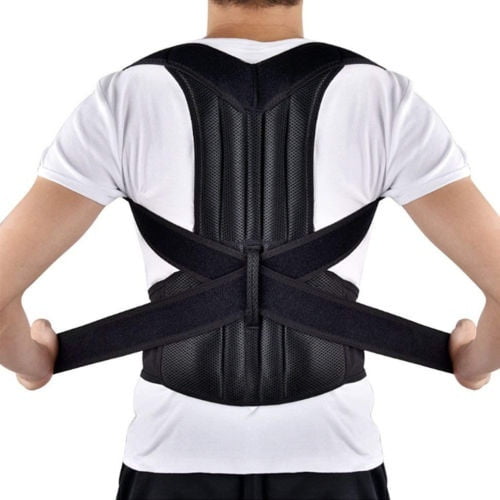 Magnetic Posture Back Corrector Lumbar Shoulder Support Belt Brace Protector Body Shaper in black neoprene material, shown worn by a person over a white shirt. The design features adjustable straps and a supportive back panel to correct posture and provide gentle lumbar and shoulder support. Suitable for various sizes, including S to XXXL.