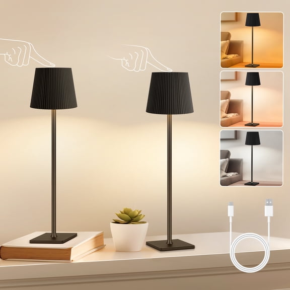 OUTON Cordless LED Table Lamps Set of 2, Touch Control Rechargeable Desk Lamp, 3 Colors Stepless Dimming for Home Office Restaurant Bedroom Bars (Black)