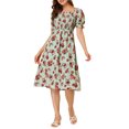 thumbnail image 2 of INSPIRE CHIC Robe pour Femme Smockée à Fleurs à Encolure Carrée Manches Courtes Bouffantes Printemps Été Robes Midi Vert TG, 2 of 7