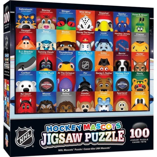 Masterpieces Puzzle Company NHL Mascots 100 Piece Jigsaw Puzzle featuring a grid of colorful NHL team mascot illustrations including Sabretooth, Stormy, Stinger, Wild Wing, Slapshot, Sparky, Victor E. Green, Youppi!, Buoy, Blades, Harvey The Hound, Louie, Hockey Jersey, Chance, S.J. Sharkie, Tommy Hawk, Thunderbug, Hockey Puck logos, Gritty, Bernie, Hunter, Carlton, NJ Devil, Moose, Bailey, Howler, Gnash, Spartacat, and Iceburgh. The finished puzzle size is 19 by 14 inches, suitable for ages 6 and up and ideal for fans of NHL and jigsaw puzzles.