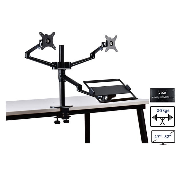 Aluminum Height Adjust Desktop Dual 17-32 Inch Monitor Holder+12-17 Inch Laptop Holder Stand Full Motion Triple Mount Arm ,Easy to Use