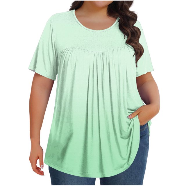 Plebaso Hauts pour Femmes Grande Taille Manches Courtes Blouses Plissées Décontractées Col Rond Été Tuniques Amples