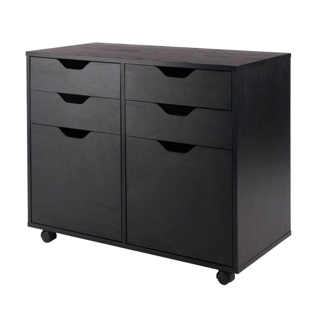 Halifax cabinet and drawers in black composite wood with four gliding drawers and two spacious cabinets featuring cut-out handles, mounted on six wheels including two locking casters for mobility and stability, measuring 26.3 inches high, 32.1 inches wide, and 15.9 inches deep, suitable for garage storage and organizing tools or sports gear.