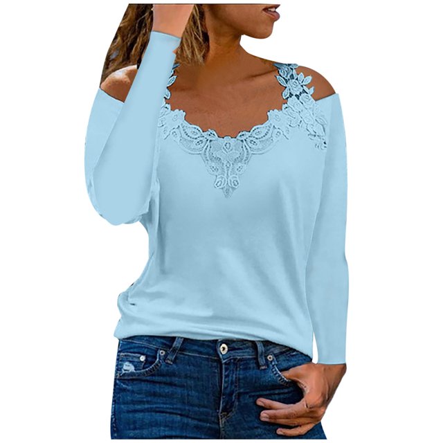 Pompotops Mode Blouse Décontractée à Manches Longues en Dentelle Col en V pour Femmes en Solde