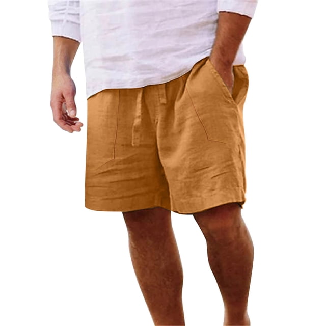 Mens Cotton Linen Shorts Casual Drawstring Inseam Shorts Stretch Summer Beach Wear