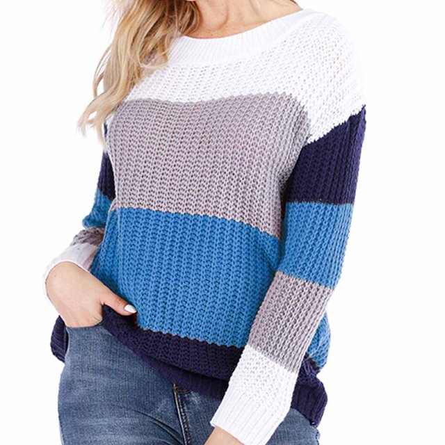 Chandails pour Femmes pour l'Hiver Mode pour Femmes Manches Col Rond Agencement de Couleurs Hauts Amples Blouse Chandail Tricoté Chandails pour l'Automne P-207 Bleu TG