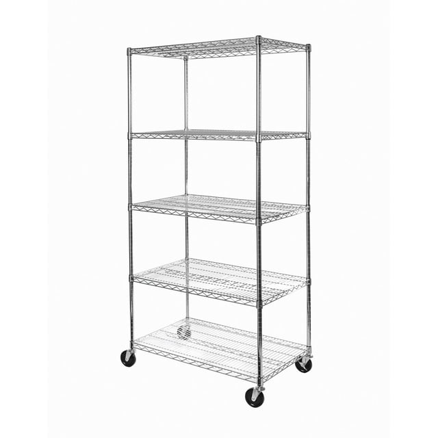 Seville Classics 5-Tier NSF Steel Wire Shelving Rack with Wheels, 72" H x 36" W x 24" D, chrome metal construction with five adjustable wire shelves and four caster wheels, two locking, ideal for garage, home, office, or retail storage and organization.