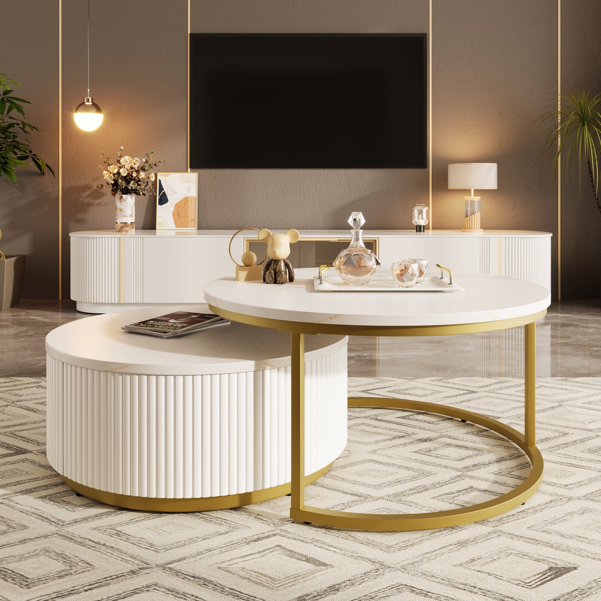 Round Nesting Coffee Tables Set of 2 with Storage, Circular Center Table with Drawer and Metal Frame for Living Room, Home, Apartment, Office, White
