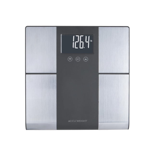 Accuweight Digital Body Analyser Scale with 500 lb capacity, stainless steel 12.2-inch platform, black central panel with reverse white LCD showing weight in pounds, measuring body composition metrics for bathroom use, model BS0875G.