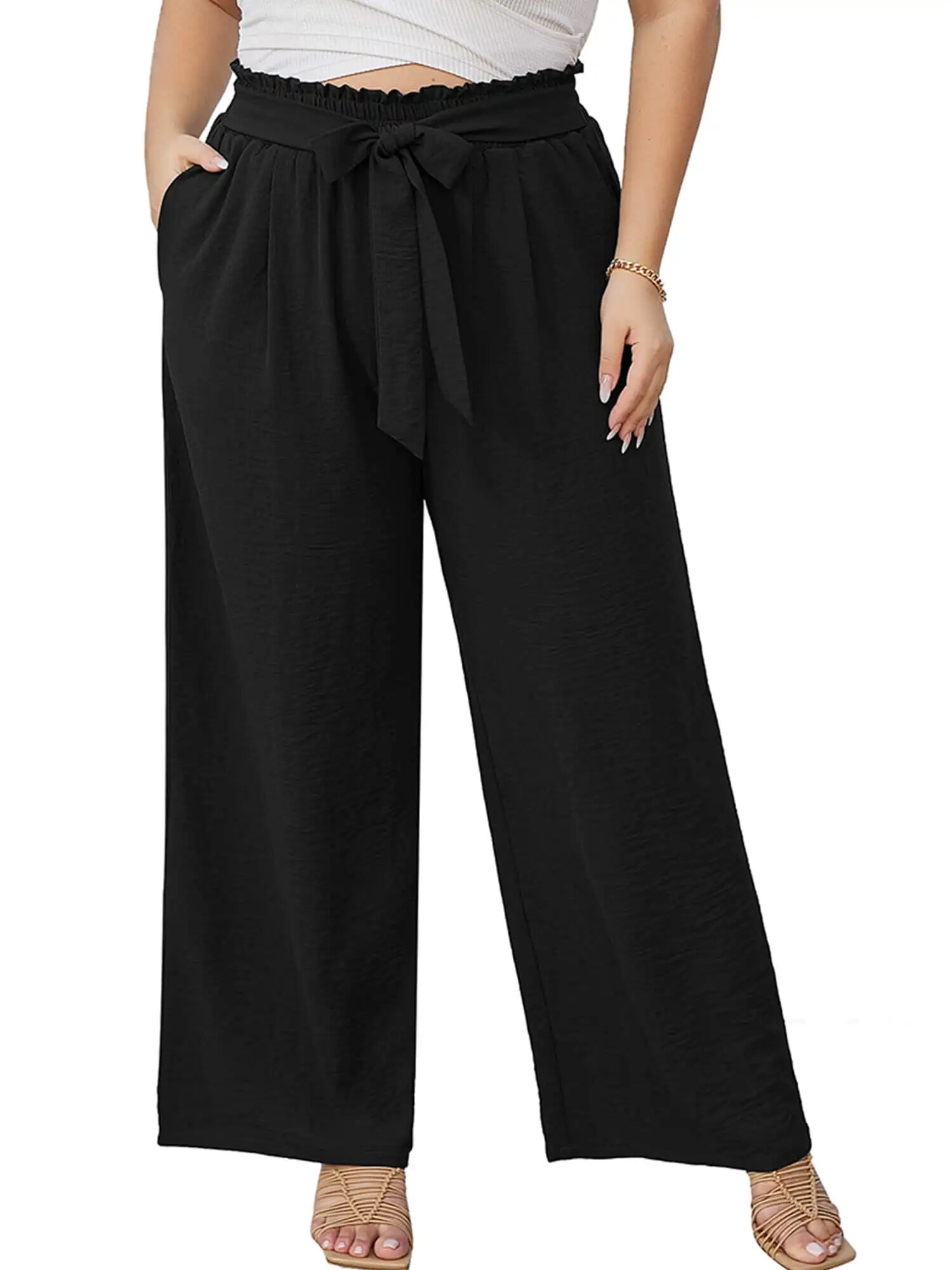 Showmall Women's Plus Size High Waisted Wide Leg Lounge Pants with Pockets, Black, 1X