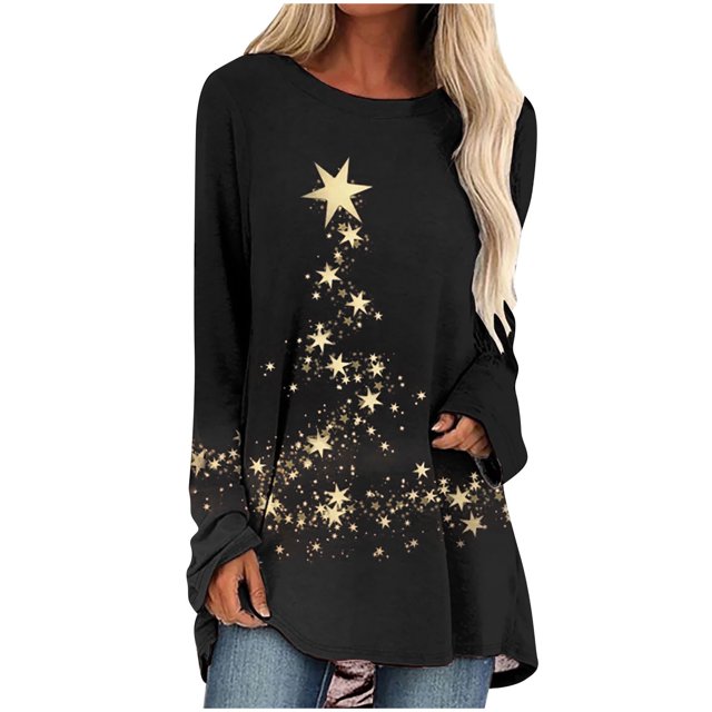 Pisexur Hauts de Noël pour Femmes T-Shirts Manches Longues T-Shirt à Imprimé des Fêtes Hauts Mode Xmas Col Rond Chandail à Enfiler Hauts Décontractés Amples Automne Hauts pour Sortir
