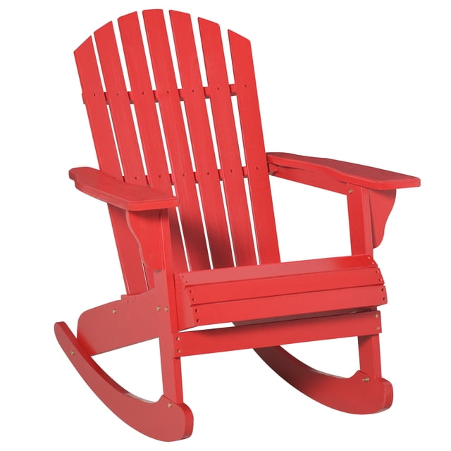 Outsunny Wooden Adirondack Rocking Muskoka Chair in red with a slatted wooden design, featuring a fanned backrest, wide seat, and ergonomic armrests. Made from weather-resistant fir wood with a painted finish, this chair is designed for outdoor use on porches, balconies, or backyards. The sturdy frame supports up to 286 lbs and allows for smooth rocking motion. Dimensions: 30.25 inches long, 37 inches wide, and 38.25 inches high.
