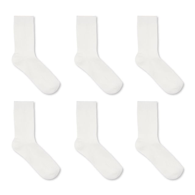 George Women's Mid-Crew Socks 6-Pack centered, front-facing view of six assorted mid-crew socks fanned on a white surface; breathable rayon-from-bamboo blend with ribbed legs and stretch (59% polyester, 39% rayon, 2% spandex); often used as lightweight liners for shoe organization.