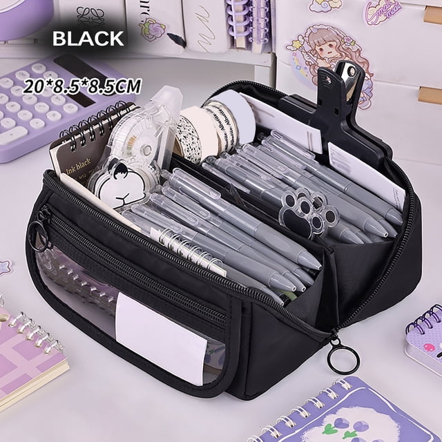 Fiudx Japanese and Korean Style Multi-Layer Cloth Pencil Case in black, designed with multiple compartments for organized storage of pens, pencils, erasers, and small stationery items. This durable, easy-to-clean cloth pencil case combines practicality with a modern aesthetic, ideal for students and office use. The open case reveals neatly arranged pens and accessories, surrounded by notebooks and stationery, emphasizing its functionality as a stationery storage box and crossborder pen container.