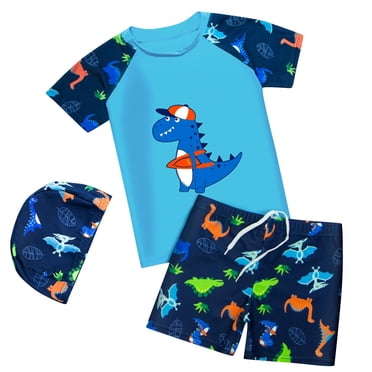 Yanlir Children's Short Sleeved Top Short Bathing Suit With Swim Cap Three Piece Swimsuit Set Rash Guards with Hat Summer Beach Swimwear(Blue#1,4 Years)