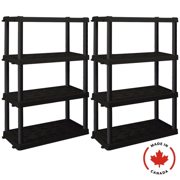 Étagères de rangement de garage en plastique ultra-résistant à 4 niveaux (H 142 cm x P 45 cm x L 91 cm), lot de 2, noir, capacité totale de 272 kg.