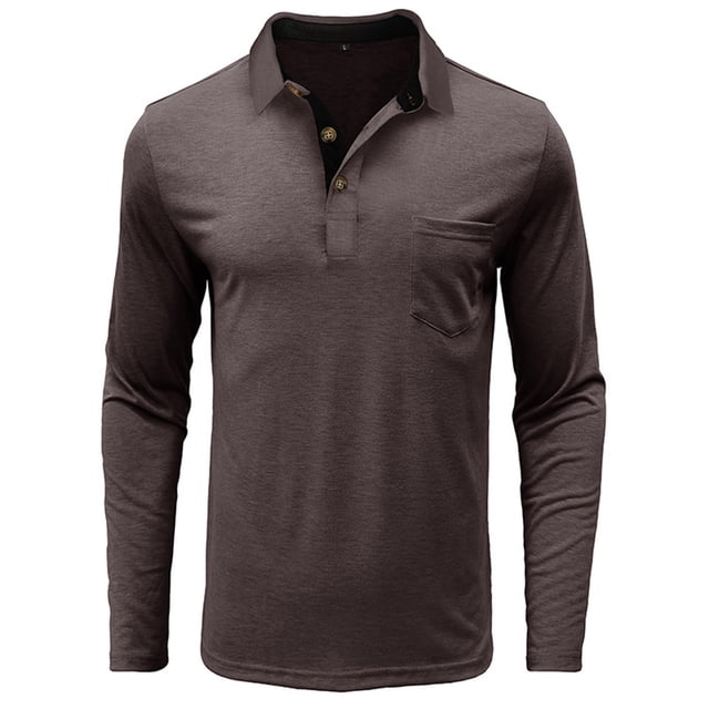 Penkiiy Mens Long Sleeve T-Shirts Casual Button V Neck Basic Shirts Trendy Solid Color Oversized Tees Tops with Pocket L Coffee