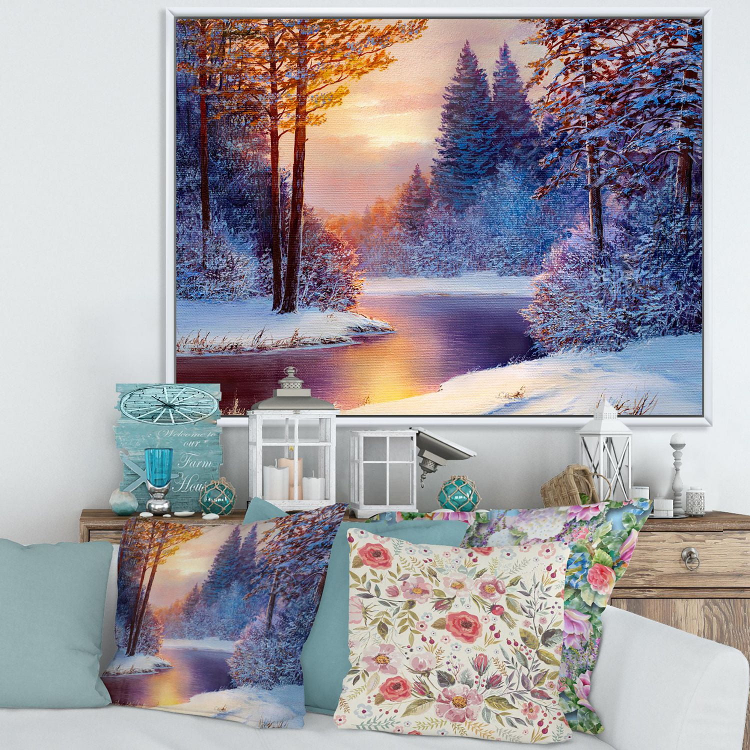 Designart Rivière sinueuse avec des silhouettes d'arbres bleu foncé ART MURAL À CADRE FLOTTÉ