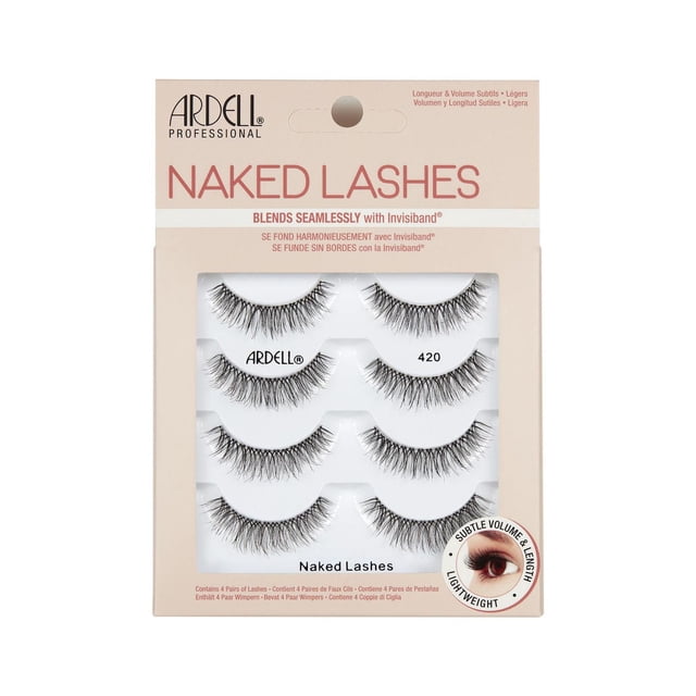 Ardell Multipack Naked Lashes 420 4'S containing four pairs of soft, lightweight false eyelashes with a seamless invisiband that enhances natural lashes with subtle volume and length, displayed in beige packaging with branding and product information. These lashes are also suitable for creating natural-looking eye makeup styles.