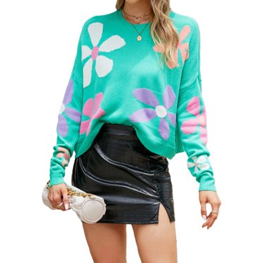 Wangsaura Women's Floral Print Sweaters Long Sleeve Crew Neckline Drop Shoulder Loose Knit Pullover Tops