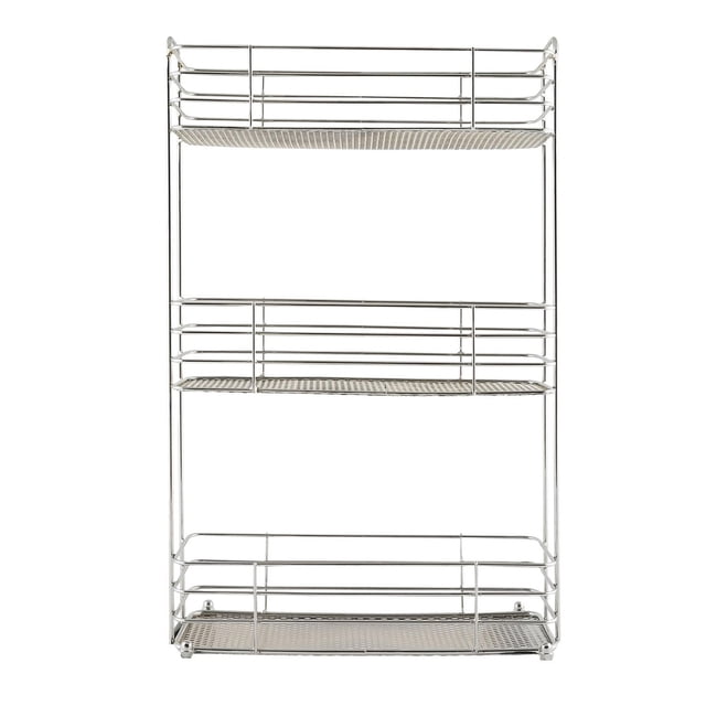 era Slim Mesh 3 Tier Bath Tower in chrome finish, a metal wire bathroom organizer with three mesh shelves and guard rails for storing towels, bottles, and toiletries in compact spaces, suitable for corner or closet use