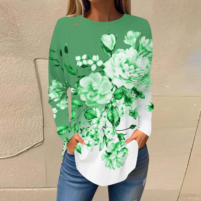 DPTALR Womens Round Neck Printing Fall Blouses Smocked Long Sleeve Shirts Tops