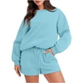 thumbnail image 1 of Ensemble de Survêtement pour Femmes avec Shorts, Tenue 2 Pcs pour Femmes pour l'Automne, Chandail à Manches Longues Décontracté Surdimensionné à Col Rond, Chandails Molletonnés à Enfiler, Shorts à Taille Élastique, Ensembles Assortis Bleu Pâle, 1 of 7