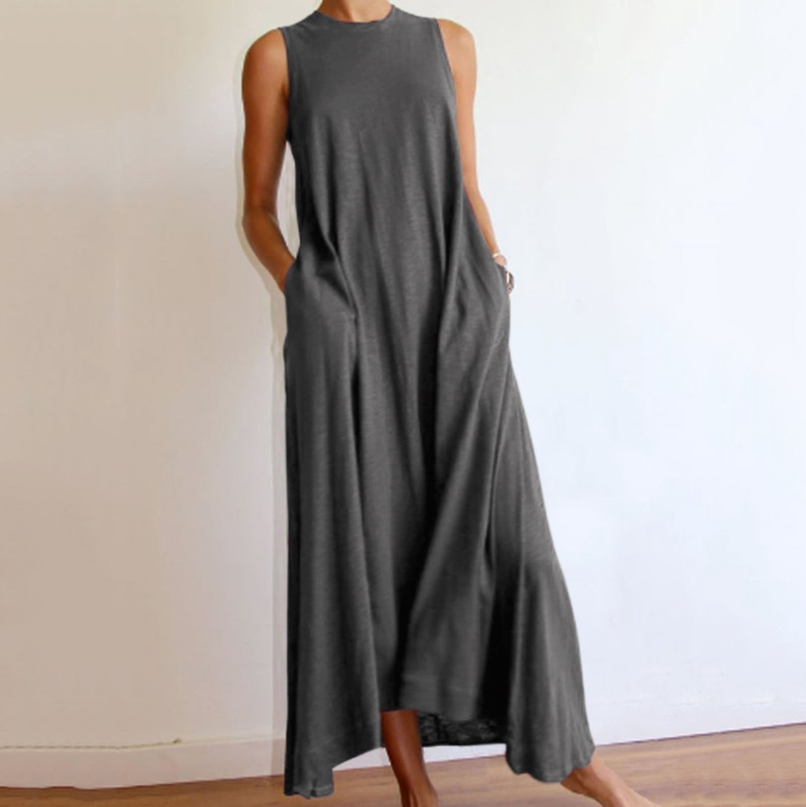 Robes d'Été Grande Taille Femmes Mode Été Sans Manches Décontractées à Col Rond Robes Robe de Couleur Unie Robes de Soirée pour Femmes Élégantes et Chic en Liquidation
