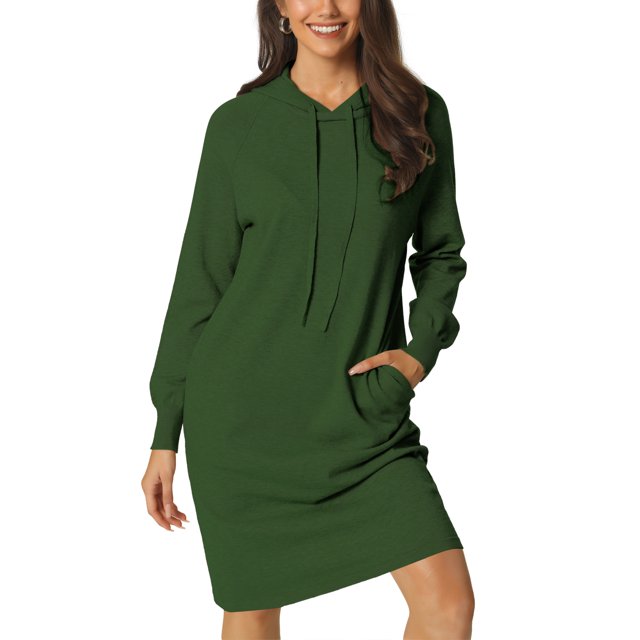 INSPIRE CHIC Chandail Molletonné Décontracté pour Femme à Enfiler, Manches Longues, Robe Midi à Capuche avec Poches, m Vert Armée