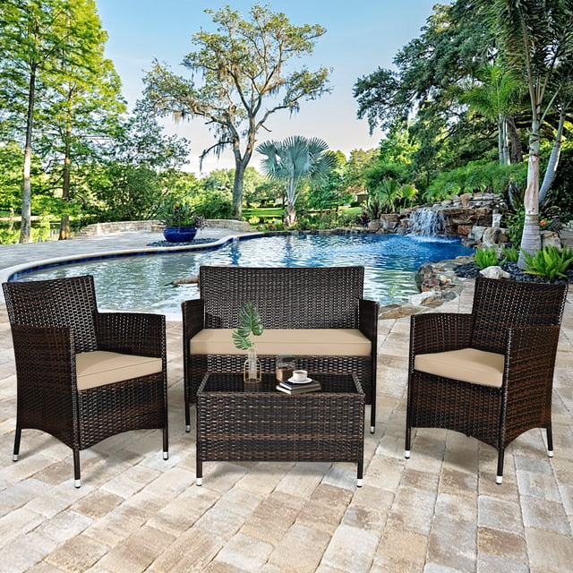 Gymax 4PCS Patio Rattan Conversation Furniture Set Outdoor w/ Brown & Grey Cushion