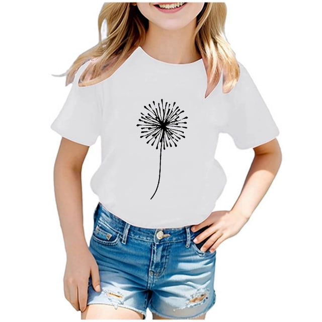 PMVFHDE Hauts de Sortie pour Fille Enfants Garçons Filles Décontracté Imprimé Pissenlit Col Rond Manches Courtes T-Shirt Graphique Haut,1-Blanc,9-10 Ans
