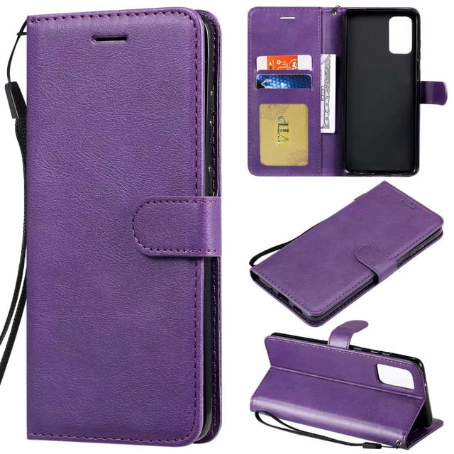 Samsung Galaxy A32 5G Case, Leather Magnetic Card Slot Wallet Folio Flip Case Cover in a vibrant purple synthetic leather finish. This cell phone accessory features multiple credit card slots, a pocket for bills, a magnetic clasp for secure closure, and a foldable design for use as a media stand. The inner case is made of premium TPU for shock absorption and drop protection.