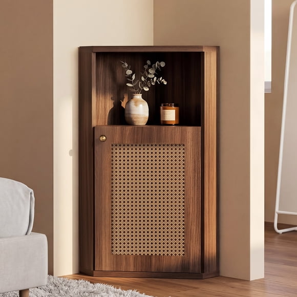 OMCHOM 31.8" Bathroom Storage Cabinet, Freestanding Single Door Floor Cabinet with Open Shelf, Sturdy Storage Organizer, Space Saving Design for Bathroom Bedroom Entryway, Walnut