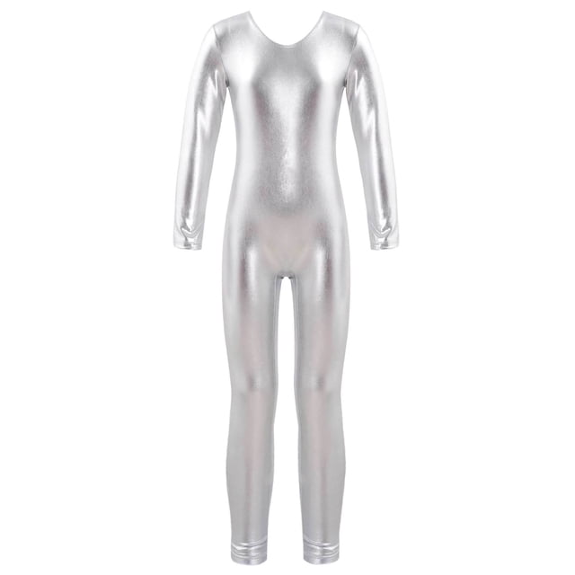 Manyakai Justaucorps de Gymnastique à Manches Longues pour Filles, Combinaison Intégrale de Ballet et Danse, Tenue de Danse Argent 4