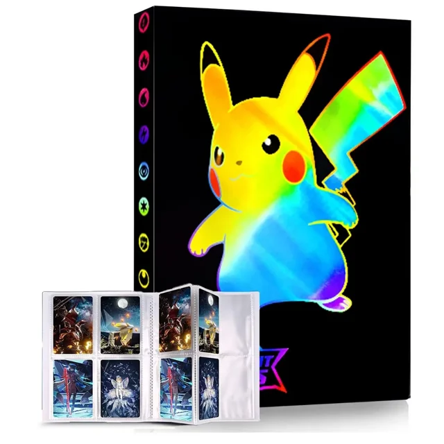 Trading Card Binder, 4-Pocket Album Book Holder, Fits for TCG Game 240 Cards-OPA1. The binder features a vibrant, full-colour cartoon design on the cover with a holographic Pikachu illustration. It includes 30 pages with 4 pockets per page, accommodating up to 240 cards. Made from durable, waterproof, and scratchproof polypropylene material, it offers multi-layer protection for trading cards, collectible cards, and more. Suitable for PM trading cards, Yu-Gi-Oh!, MTG, and Digimon cards. The binder is lightweight and portable, making it ideal for card organization and protection.
