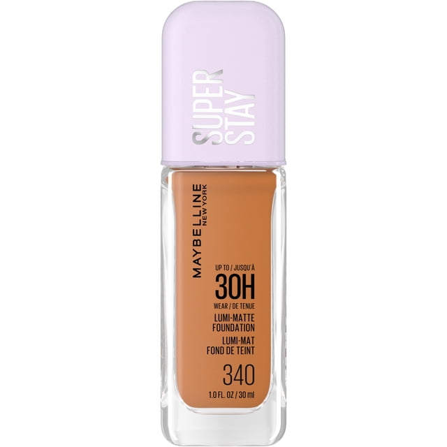 Maybelline New York Super Stay Lumi Matte Foundation shade 340, a 30-hour longwear liquid foundation with a matte finish and light-as-air feel, in a clear rectangular glass bottle with a pale lavender cap labeled Super Stay, suitable for all skin types.