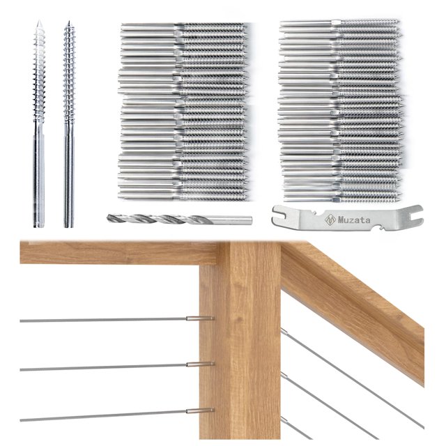 Muzata 120 Pack 1/8"" Cable Railing Hardware Kit Swage Lag Screws Left and Right Handed Thread for Wood Post T316 Stainless Steel Deck Cable Railing System 60 Pairs CK17